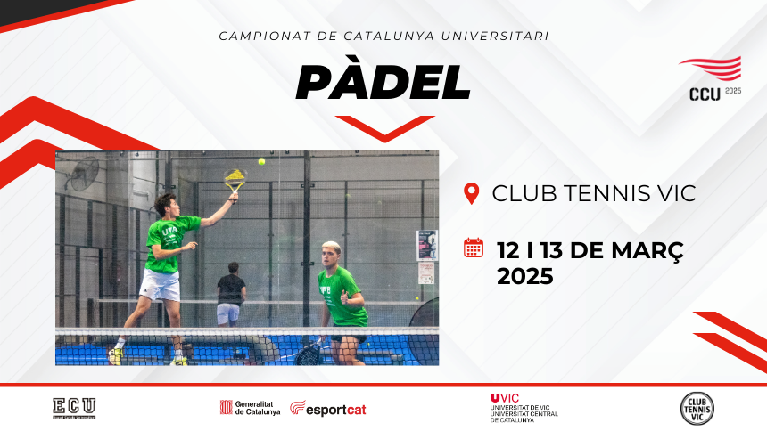 #CCU25 I Inscriu-te al Campionat de Catalunya Universitari de Pàdel! 🎾

🗓️ 12 i 13 de març
📌 Club Tennis Vic
✍️ Per a més informació i inscripcions: esportuniversitari.cat/noticia-item/1…

#EsportUniversitari #Esportcat <a href="/EsportsUVic/">Servei d'Esports UVic-UCC</a>