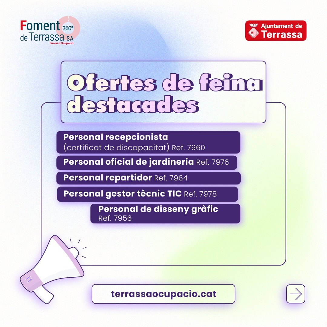 TrsOcupacio's tweet photo. Aprofita i cerca la teva oportunitat #laboral.

Us portem les noves ofertes destacades de la setmana! 💼

Explora les ofertes que publiquem i dona un cop d’ull al web👉🏼 https://t.co/aEQMzVoYpv si no vols perdre’t res!

📲 també pots descarregar la nostra APP Terrassa Ocupació https://t.co/rKYBQDAmpF