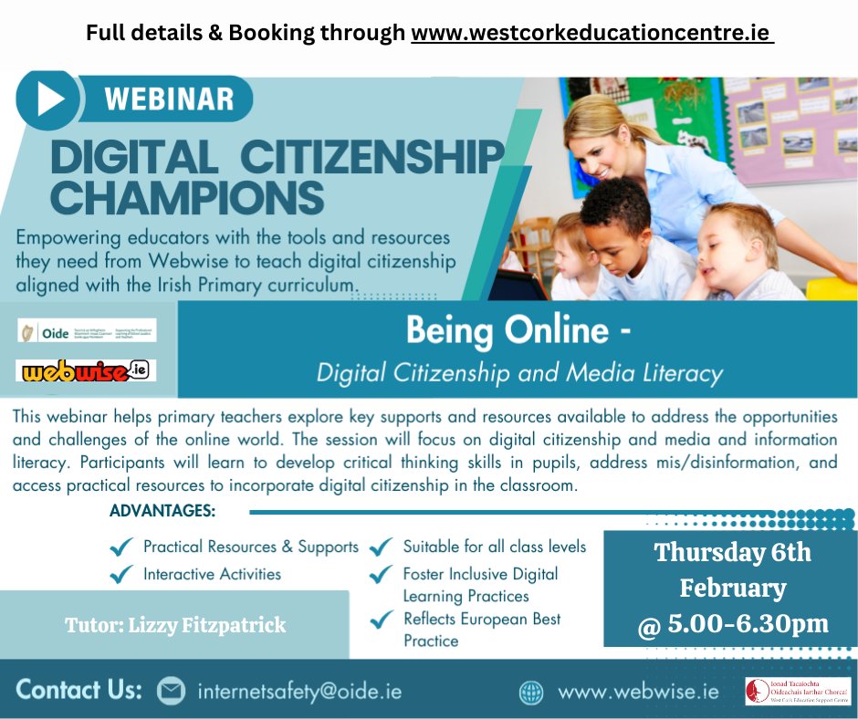 OIDE TiE: Being Online: Digital Citizenship and Media Literacy workshop has been re-scheduled to Thurs 6th Feb @ 5.00pm. Full details &amp; booking through westcorkeducationcentre.ie/cpd-courses.ht…
<a href="/ESCItweets/">ESCI</a> <a href="/DalyDympna/">Dr. Dympna Daly</a>