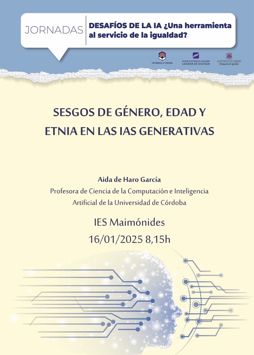 UCO Igualdad (@ucoigualdad) on Twitter photo La <a href="/CatedraG/">@UCO_CatedraLeonordeGuzman</a> organiza "Sesgos de género, edad y etnia en las IAs generativas"
📅 16/01/2025
🕗 8:15h
📍 <a href="/IMaimonides/">IES Maimónides</a>
🌐 Reflexionaremos sobre cómo la IA puede servir a la igualdad de la mano de la profesora de <a href="/Univcordoba/">Universidad Córdoba</a> Aida de Haro.
#InteligenciaArtificial #Igualdad #IA La <a href="/CatedraG/">@UCO_CatedraLeonordeGuzman</a> organiza "Sesgos de género, edad y etnia en las IAs generativas"
📅 16/01/2025
🕗 8:15h
📍 <a href="/IMaimonides/">IES Maimónides</a>
🌐 Reflexionaremos sobre cómo la IA puede servir a la igualdad de la mano de la profesora de <a href="/Univcordoba/">Universidad Córdoba</a> Aida de Haro.
#InteligenciaArtificial #Igualdad #IA