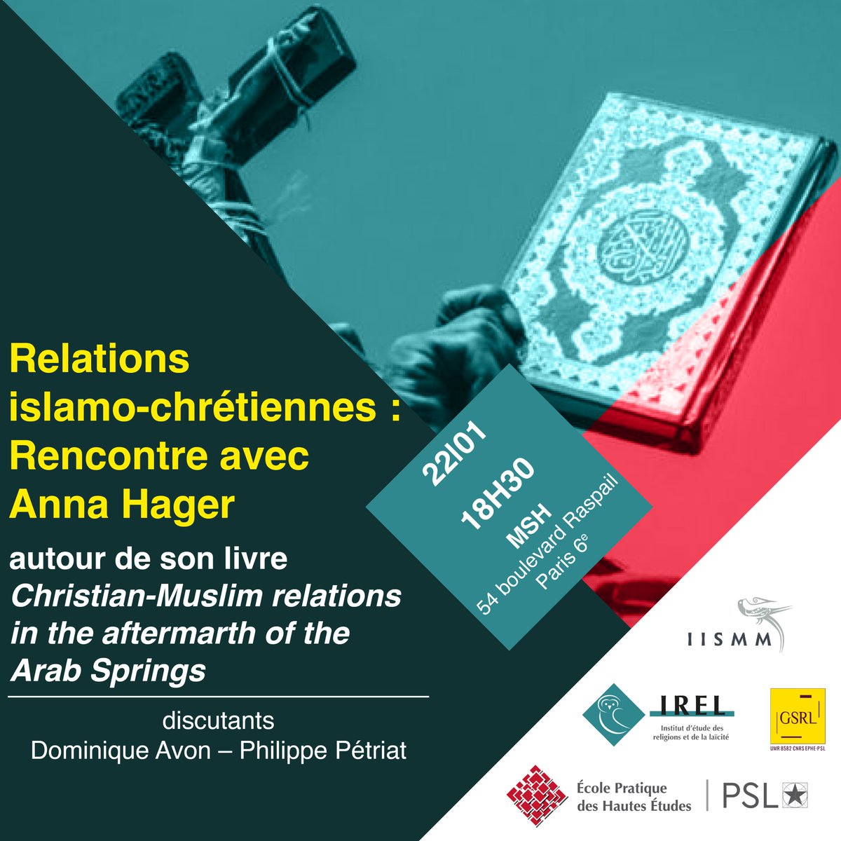 📖 Rencontre avec Anna Hager autour de son livre sur les relations islamo-chrétiennes organisée par l'IREL, l'<a href="/iismm_ehess/">IISMM</a> et le <a href="/LaboGSRL/">GSRL</a> 
📍 <a href="/FondationMSH/">Fondation Maison des Sciences de l'Homme</a> 54 boulevard Raspail, Paris 6e
👉 inscription obligatoire : urls.fr/TDyvRd