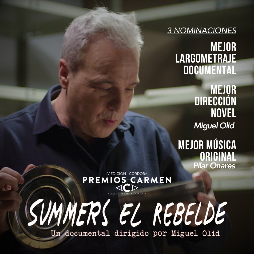 #SummersElRebelde cuenta con 3 nominaciones a los #PremiosCarmen de la Academia de Cine de Andalucía (<a href="/acacineandaluz/">Academia de Cine de Andalucía I Premios Carmen</a>).

✨ Mejor Largometraje.
✨ Mejor Dirección Novel - <a href="/miguel_olid/">Miguel Olid Suero</a>.
✨Mejor Música Original - <a href="/PilarOnares/">Pilar Onares</a>.
