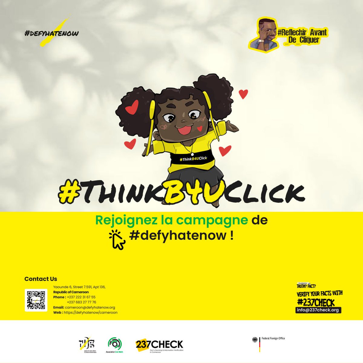 Civic Watch (@civic_watch) on Twitter photo Join our #ThinkB4UClick campaign to remind ourselves to be mindful of what we share, post, & click online.
Letβs raise awareness of responsible online behavior.
Hereβs how you can participate:
1οΈβ£ Click link
2οΈβ£ Upload your photo
3οΈβ£ Share online
Link campaigns.defyhatenow.org/campaigns/thin⦠Join our #ThinkB4UClick campaign to remind ourselves to be mindful of what we share, post, & click online.
Letβs raise awareness of responsible online behavior.
Hereβs how you can participate:
1οΈβ£ Click link
2οΈβ£ Upload your photo
3οΈβ£ Share online
Link campaigns.defyhatenow.org/campaigns/thinβ¦