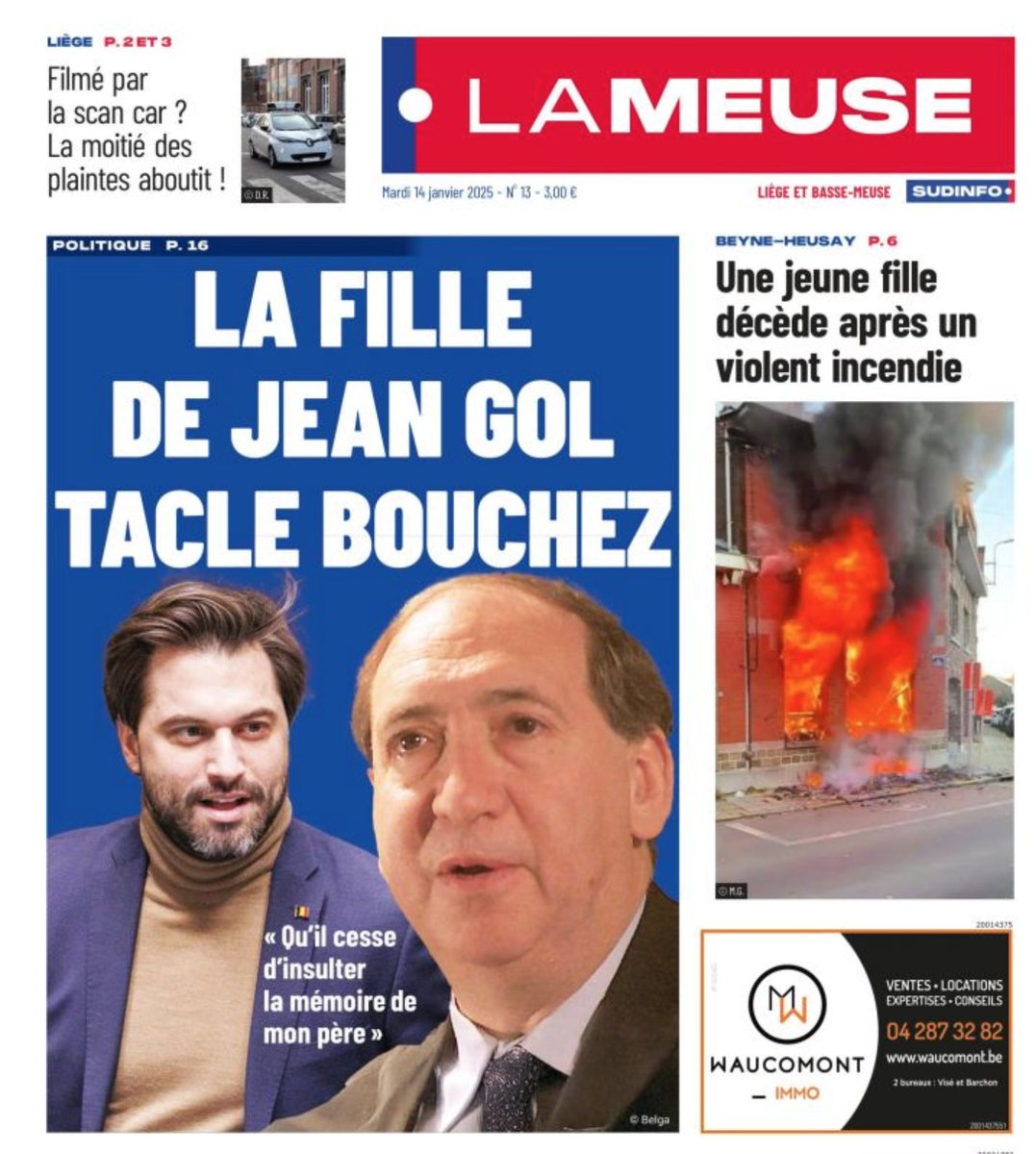 La  une de <a href="/sudinfo_be/">Sudinfo.be</a> : "Mr. Bouchez, qui est un homme supposé intelligent,  doit savoir ce que cela aurait eu de choquant pour mon père d’être  convoqué pour justifier l’adhésion de candidats d’extrême droite au  parti libéral. " (Deborah Gol, fille de Jean)