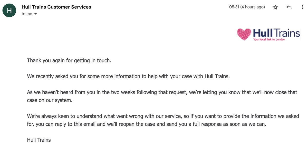 Garethhull1's tweet photo. @Hull_Trains @hulltrains The email I received from Hull trains asked me to reply to that email address. It feels like this is an intentional "infinite loop" that has been created so Hull trains dont have to respond! https://t.co/Hajfrr5FbJ