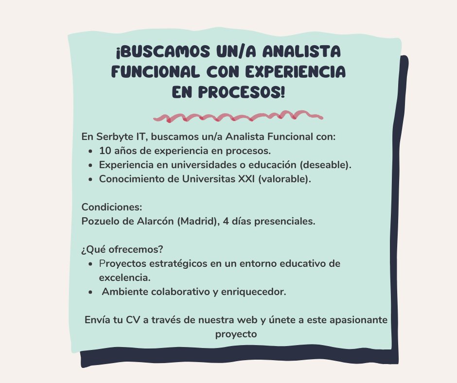 SerbyteIT's tweet photo. Únete a un equipo dinámico y lleva tu experiencia en procesos al siguiente nivel en el ámbito educativo. ¡Te esperamos! https://t.co/LJ40shYURt