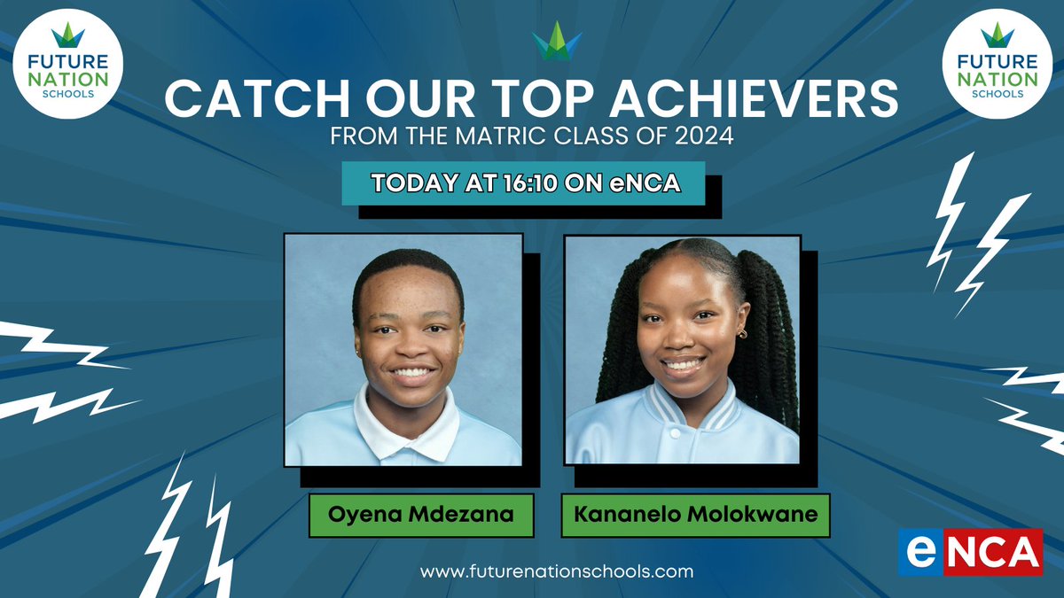🌟 Don’t miss this! 🌟

FNS Matric 2024 top achievers Oyena Mdezana &amp; Kananelo Molokwane LIVE on eNCA, DSTV 403, today at 16:10! 🎓✨

Hear their inspiring journey &amp; secrets to IEB success. 

Tune in! 💡📚

#FutureNationAchievers #Matric2024 #AcademicExcellence