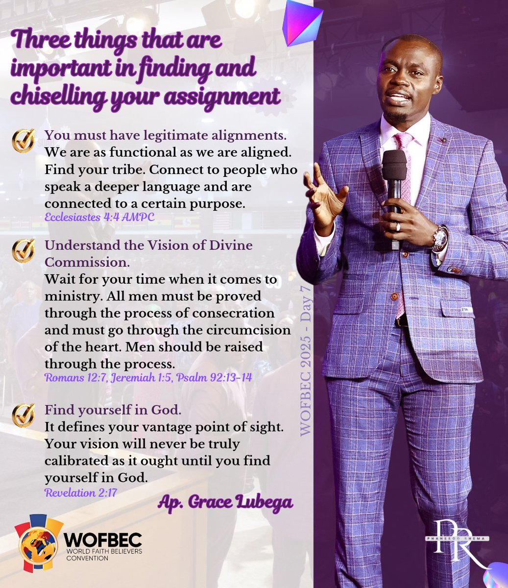 Three things that are important in finding and chiselling your assignment

Ap. Grace Lubega 
#PhanerooRhema
#WOFBEC2025 
#ApostleGraceInNigeria
