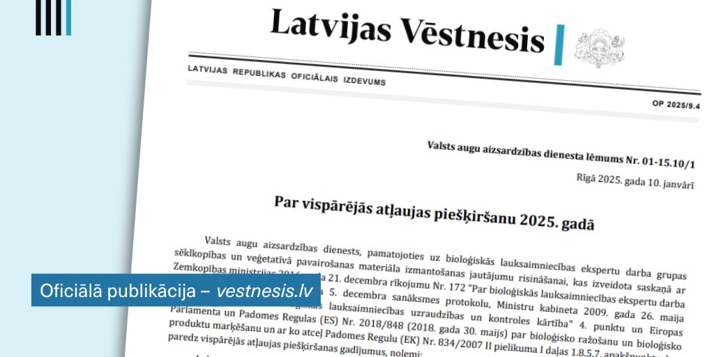 VestnesisLV's tweet photo. Publicēts sugu saraksts, kurām piešķirta vispārējā atļauja izmantot konvencionālas izcelsmes sēklas bioloģiskās produkcijas ražošanai 2025. gadā.

🔗Skat. @VAAD_Latvija lēmumu: https://t.co/T0Ig1hlbt5 https://t.co/YSiOBNOSFx