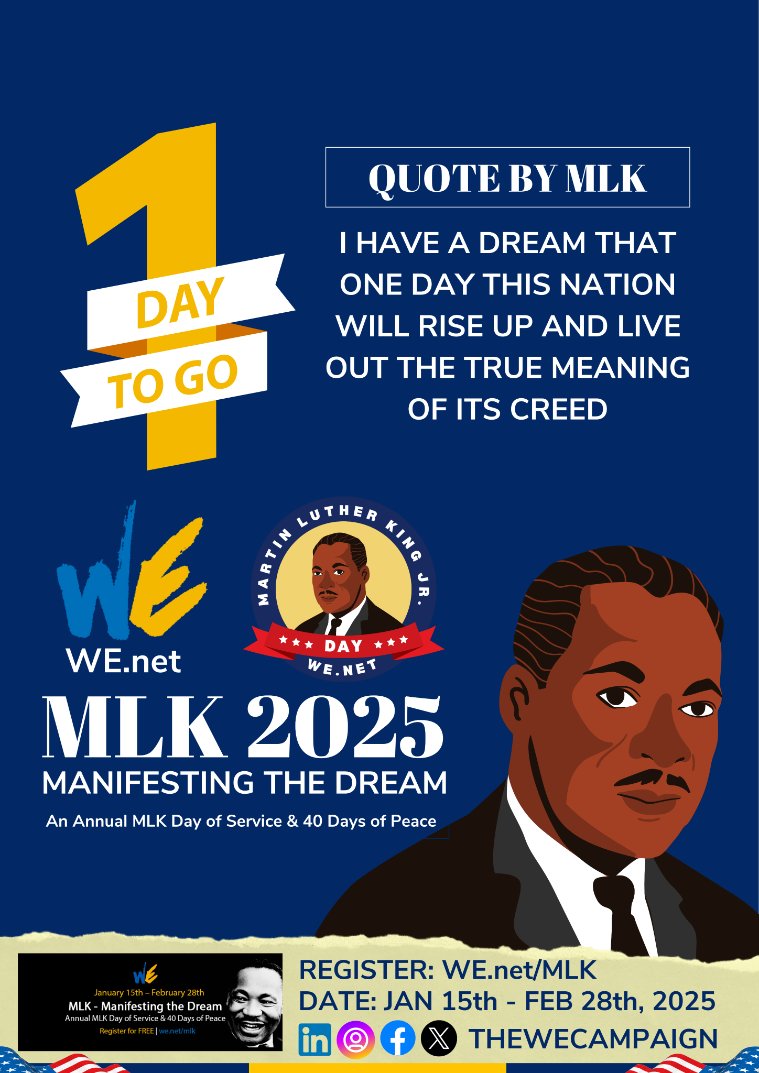 1 day to celebrate a legend! - MLK 2025 Roadmap

'I have a dream that one day this nation will rise up and live out the true meaning of its creed.' - MLK

Let's keep dreaming!

#MLK2025 #HappyMLKDay