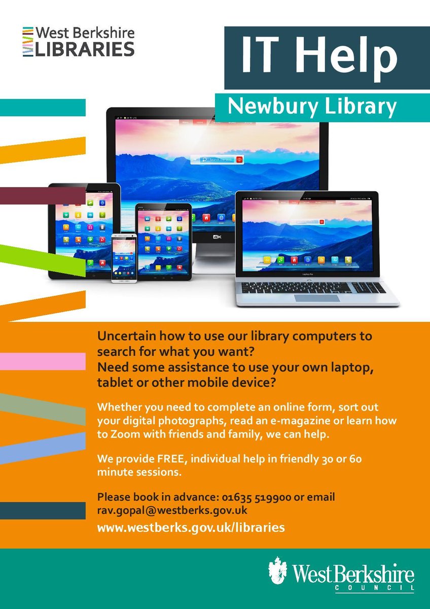 WBerksLibraries's tweet photo. FREE IT Help sessions now available to book at #Newbury Library. We provide individual sessions of 30 or 60 mins. We can help with online forms, using #Zoom, sorting #digital photos, access to #emagazines and other resources and more! To book: email rav.gopal@westberks.gov.uk. https://t.co/MQfmQ210BI