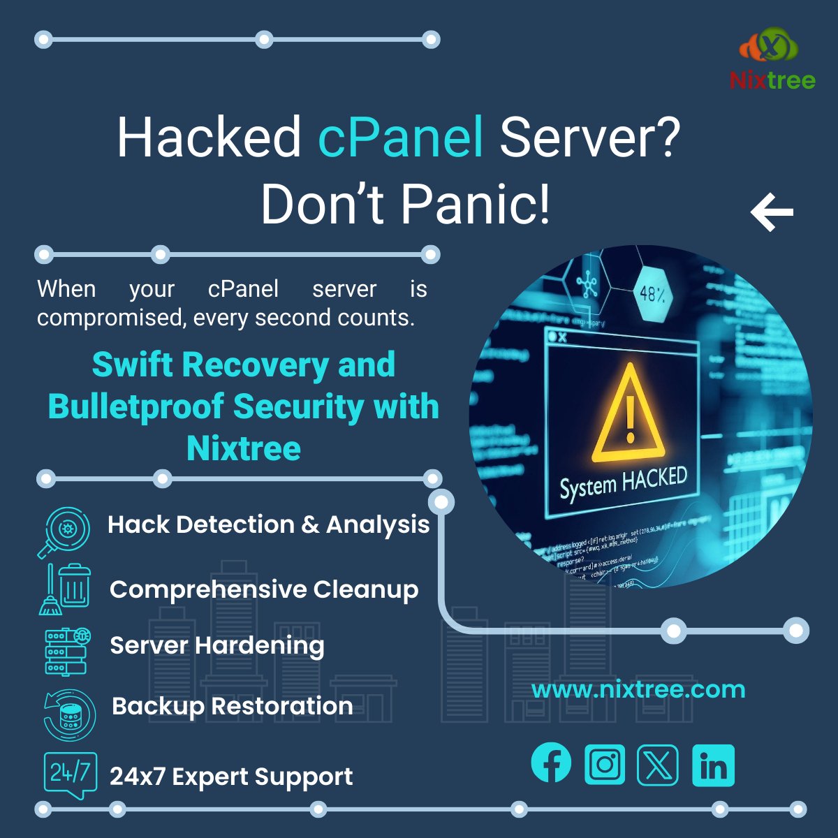 nixtree's tweet photo. What Should You Do if Your cPanel Server is Hacked?
When your cPanel server is compromised, Nixtree offers swift and reliable solutions to minimize damage and restore normalcy.
Visit Us : https://t.co/IcRcCzzh56
#ServerSecurity #HackRecovery #cPanelManagement #NixtreeSolutions https://t.co/bc7fduE9yL