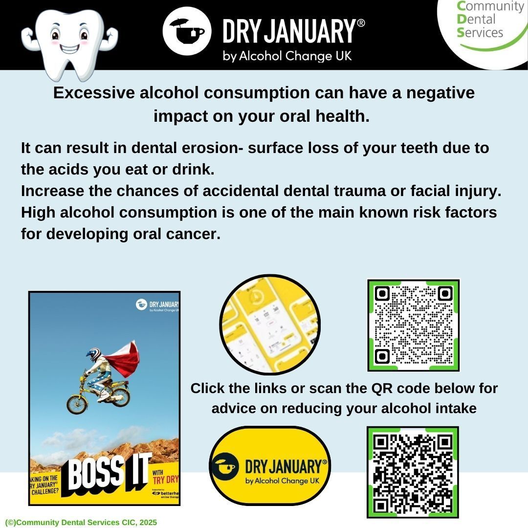 CDS_CIC's tweet photo. Are you taking part in Dry January? Did you know that giving up alcohol improves your oral health as well as general health? Download the Dry January app to double your chance of an alcohol-free month and beyond! 
@Communitydentalservices #OHImprovement #OHILincolnshire #BossIt #DryJanuaryChallenge