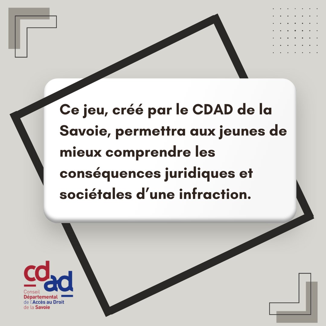 📢 NEW : Le <a href="/cdad73/">CDAD de la Savoie</a> créé un jeu pédagogique pour sensibiliser collégiens &amp; lycéens au droit !
⚖️ Réfléchir aux conséquences juridiques et sociétales d’une infraction
🎯 Favoriser la réflexion &amp; la responsabilisation des jeunes
Un outil innovant pour une justice accessible à tous