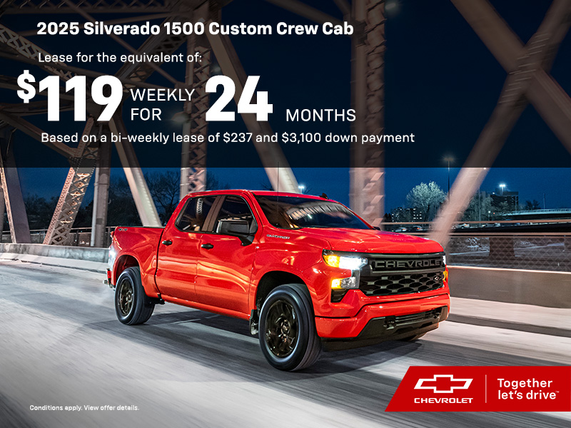 FoxChevrolet's tweet photo. This month at Fox Chevrolet Cadillac, you can lease the 2025 Chevrolet Silverado 1500 Custom Crew Cab for the equivalent of $119 weekly for 24 months!

Learn more at: https://t.co/m4jaHaLDAN https://t.co/3y7rDlHVSS