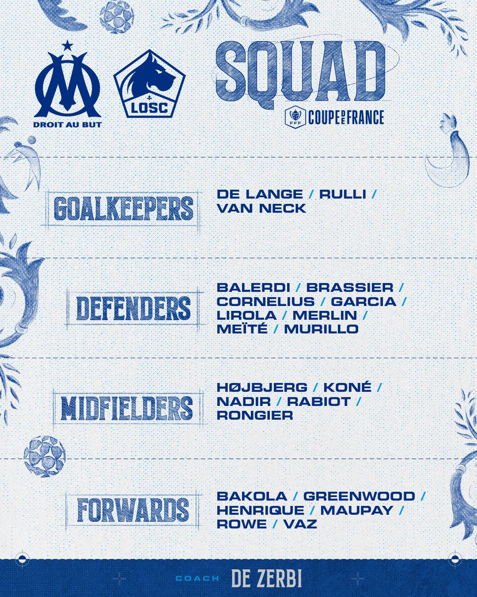 OM_Officiel's tweet photo. 𝑳𝑬 𝑮𝑹𝑶𝑼𝑷𝑬 📋 #OMLOSC

Voici les 2️⃣2️⃣ marseillais convoqués par coach 𝐃𝐞 𝐙𝐞𝐫𝐛𝐢 🇮🇹 pour la réception de Lille ⚔️ https://t.co/i3uIFTLz7B