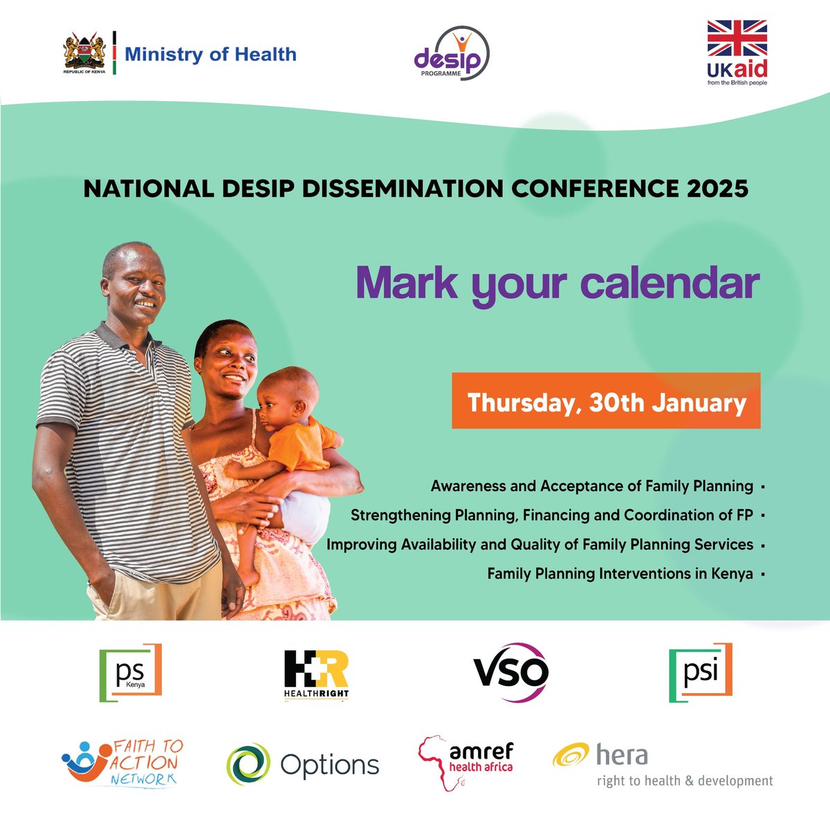 PSKenya_'s tweet photo. 🚨Mark Your Calendars!🚨

The National DESIP Dissemination Conference 2025 is happening on 30th January 2025!

📌 Theme: Reaching the Most Vulnerable to the Last Mile: Reflections on Innovative Family Planning Practices from the DESIP Programme

Join us as we spotlight groundbreaking innovations, share impactful success stories, and shape the future of equitable family planning in Kenya. This is your chance to connect, learn, and be inspired.

Click on the link below to register for attendance 
https://t.co/kJfsFBor9Y

#DESIPCON25 #FP2030 #PSKenya #LastMileInnovations