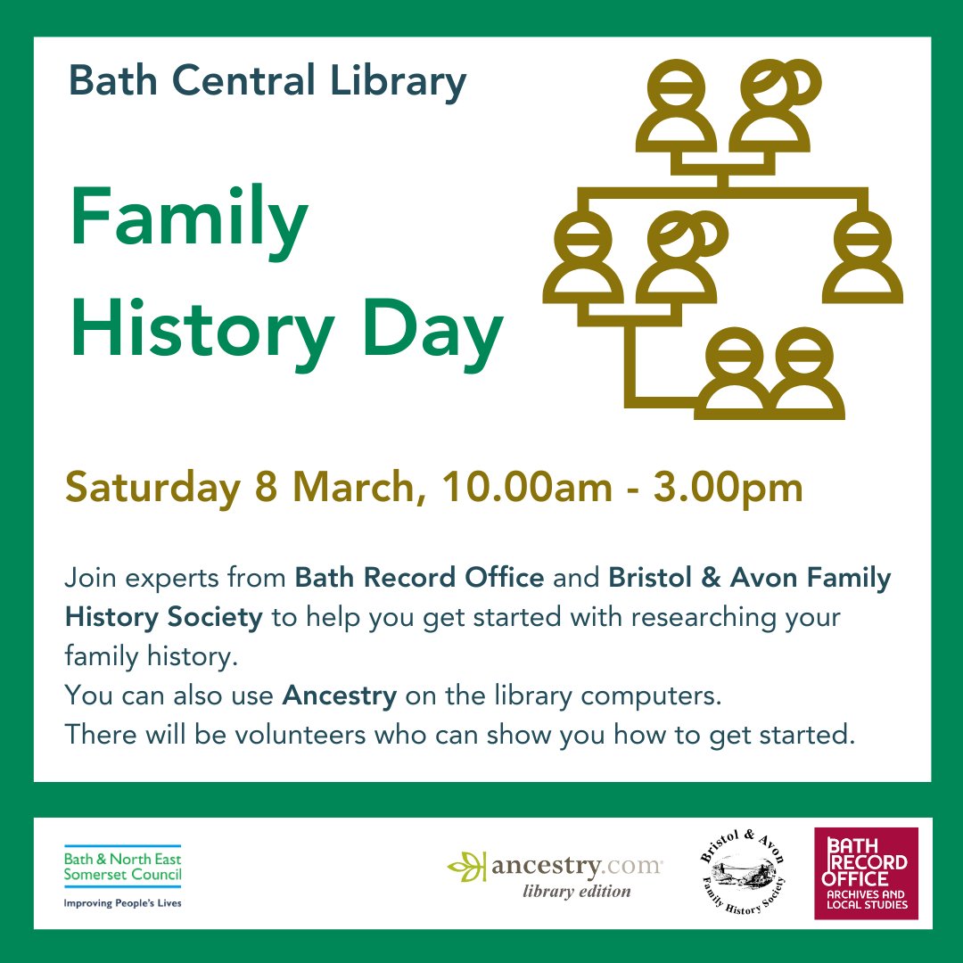 Family History Day!🌱

Join experts from <a href="/bathnesBRO/">Bath Record Office</a> and Bristol &amp; Avon Family History Society to help you get started with researching your family history.
You can also use Ancestry on the library computers. 

Saturday 8 March, 10.00am - 3.00pm

#BNESLibraries #FamilyHistory