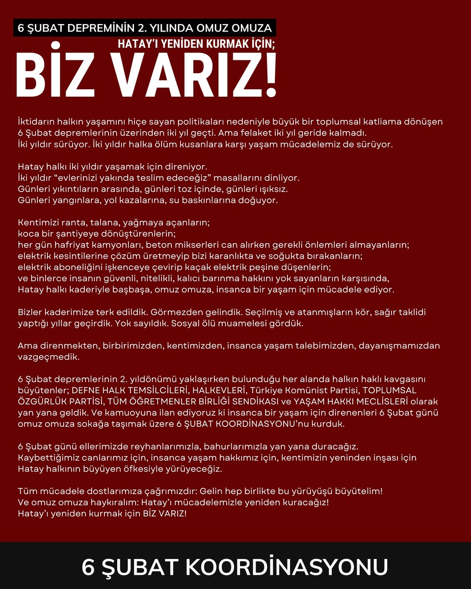6 Şubat Depreminin 2. Yılında Omuz Omuza!

Tüm mücadele dostlarımıza çağrımızdır; Gelin hep birlikte bu yürüyüşü büyütelim ve omuz omuza haykıralım: Hatay’ı mücadelemizle yeniden kuracağız! 

Hatay’ı yeniden kurmak için biz varız!