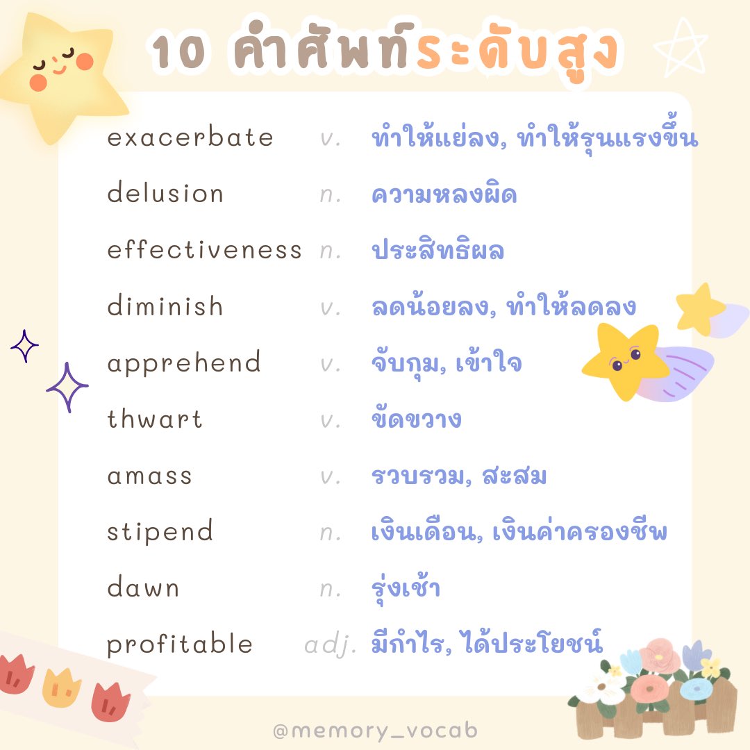 memory_vocabb's tweet photo. 10 คำศัพท์ระดับสูง 🍨 ‧ ˚ 🎀

✅ตัวอย่างประโยคและคำแปลด้านล่าง👇   
✏️ศัพท์จากไฟล์ศัพท์ DIGITAL ENGLISH VOCAB  #ท่องศัพท์ #ภาษาอังกฤษ https://t.co/xNwrC3ms6J