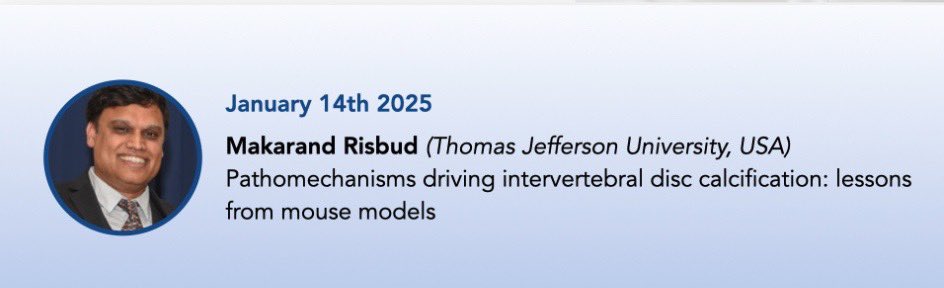 A friendly reminder that the next webinar on on “Pathomechanisms driving intervertebral disc calcification: lessons from mouse models” by Makarand Risbud is planned today <a href="/4pm/">4pm</a> CET. <a href="/ISSECsociety/">ISSEC</a> 
Still time to register at 👇🏻
itnintec.com/webinarseries/