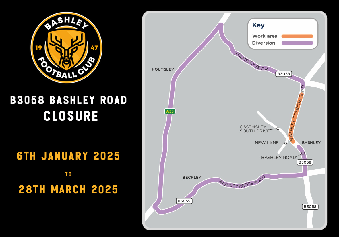 BASHLEY FC - ROAD CLOSURE

SGN are carrying out emergency gas main replacement work along Bashley Common Road from 6th January – 28th March 2025.  A diversion is in place along the A35

Access &amp; parking to Bashley FC will be unaffected.

bashley-fc.com/home/f/bashley…

#UpTheBash