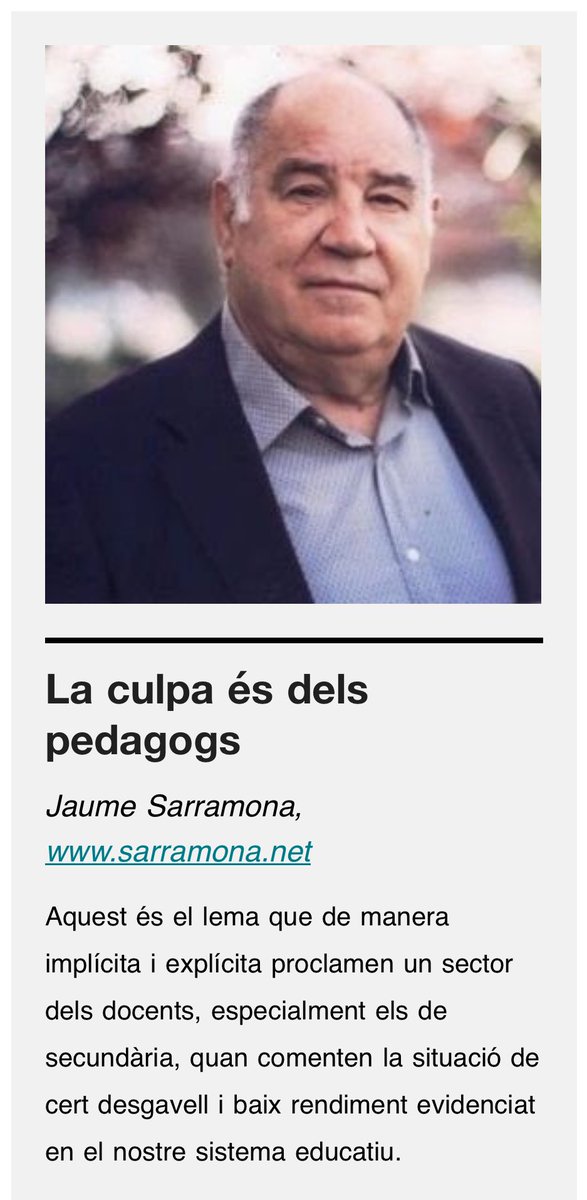 “L’acusació als pedagogs dels mals del sistema educatiu ja es va produir amb motiu de la LOGSE, llei on els pedagogs no van intervenir, (…) Però el mantra perviu.”

La culpa és dels pedagogs edu21.cat/la-culpa-es-de… per Jaume Sarramona al 120è #ButlletíEdu21
