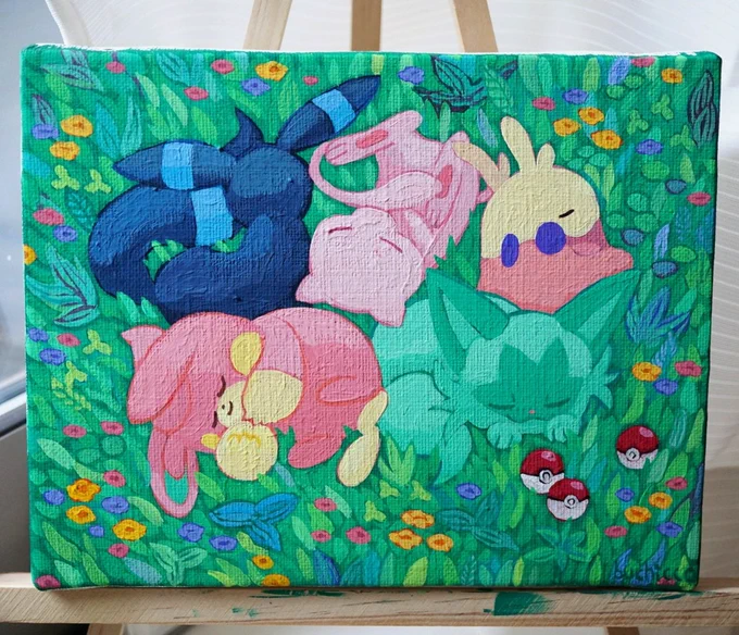 推し色違い+ミュウ キャンバスにアクリル絵の具で描きました #ポケモンイラスト