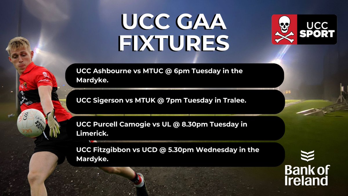 UCC Sport (@uccsport) on Twitter photo Don't miss the thrilling GAA action this week as the season gets under way. 🏐 The Ashbourne and Fitzgibbon matches will be played at the Mardyke—come show your support! 💪 <a href="/uccgaa/">UCC GAA</a> <a href="/bankofireland/">Bank of Ireland</a> <a href="/johbees/">John O'Halloran</a> #ShowYourSupport Don't miss the thrilling GAA action this week as the season gets under way. 🏐 The Ashbourne and Fitzgibbon matches will be played at the Mardyke—come show your support! 💪 <a href="/uccgaa/">UCC GAA</a> <a href="/bankofireland/">Bank of Ireland</a> <a href="/johbees/">John O'Halloran</a> #ShowYourSupport