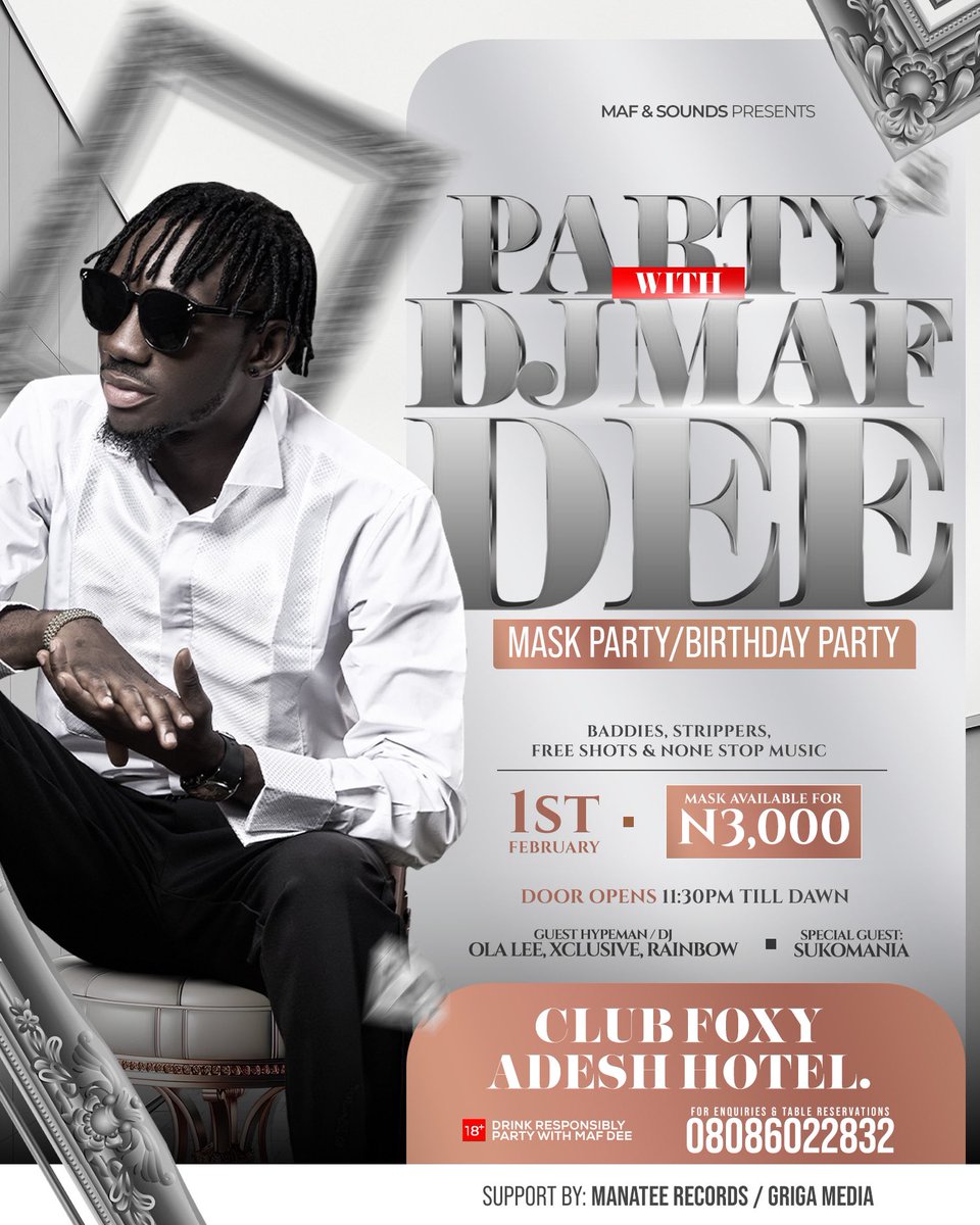 PW DJ MAF DEE 3.0

MASK PARTY/ BIRTHDAY PARTY 🥳 

Join me in an unforgotten night experience with a none stop vibes &amp; entertainment 🎵 

Get ready to loose your manners🤪

Mask are available now, you can book yours now📩(3,000) each.💰 

Help share this post🙏🏻