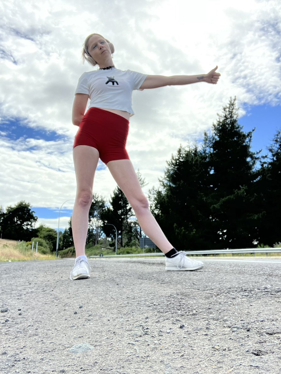 Pollyananz's tweet photo. Hitched around North Island. These hot red shorts saw me picked up in minutes https://t.co/vC1AhqEP7u