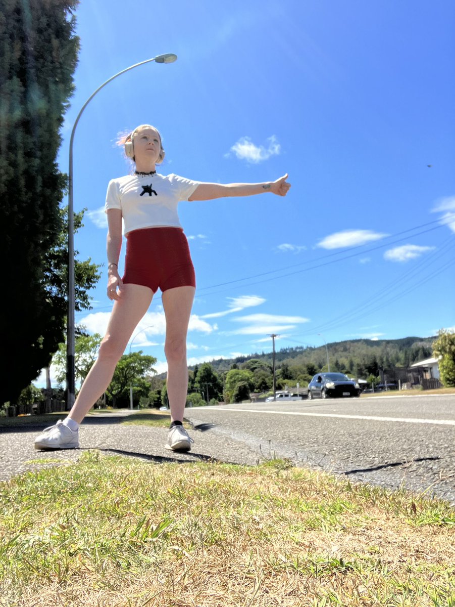 Pollyananz's tweet photo. Hitched around North Island. These hot red shorts saw me picked up in minutes https://t.co/vC1AhqEP7u