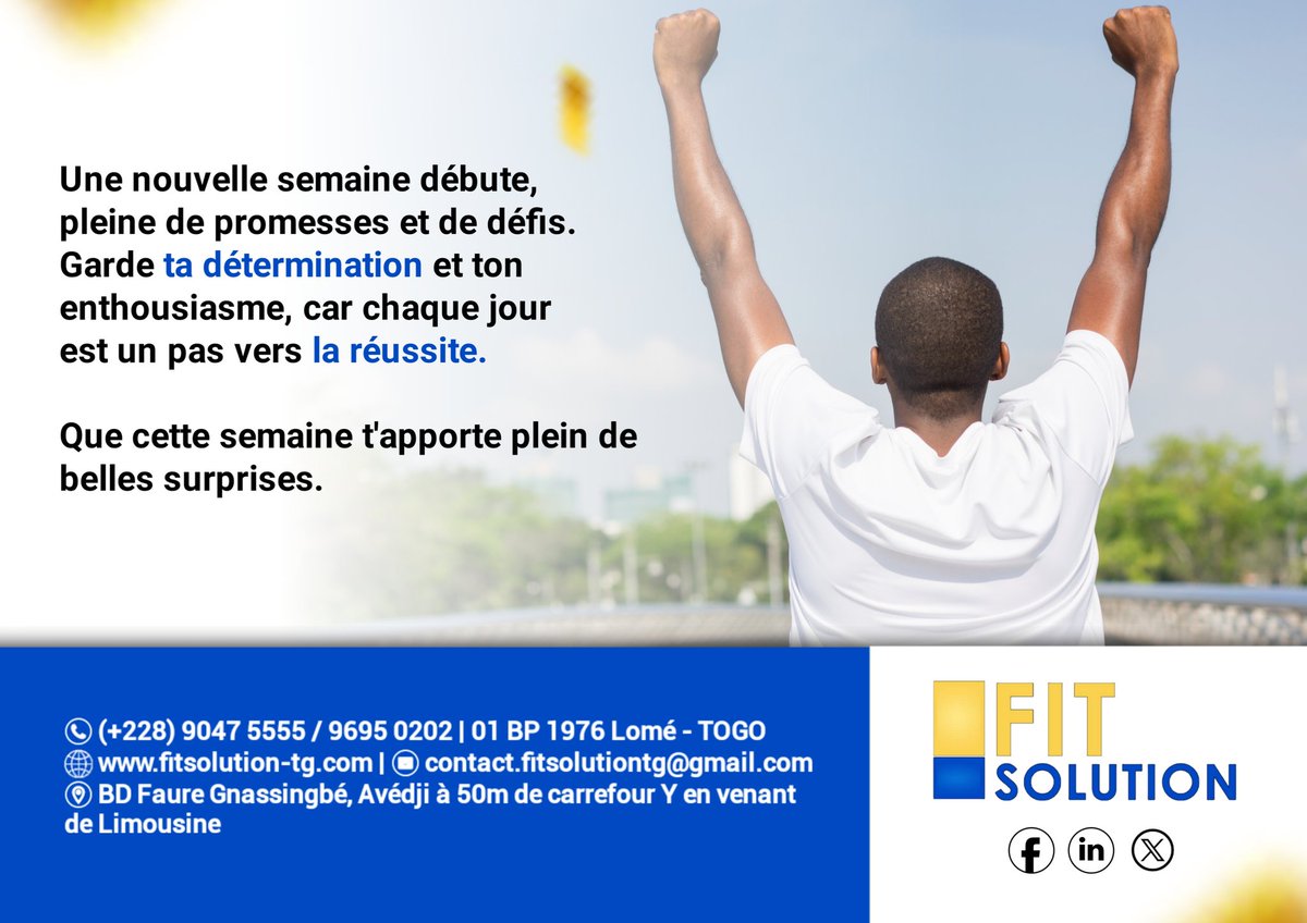 SolutionFit's tweet photo. Une nouvelle semaine débute, pleine de promesses et de défis. Garde ta détermination et ton enthousiasme, car chaque jour est un pas vers la réussite. Que cette semaine t'apporte plein de belles surprises.

#FitSolution #MondayMotivation #Janvier2025 #Togo https://t.co/EMLZbYQUE3