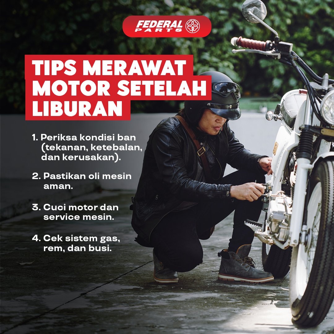 federal_parts's tweet image. Liburan Usai, Motor Tetap Prima! 🛵✨
Cuci bersih, cek oli, rem, dan ban. Perawatan simpel, performa maksimal! 🚀

#TipsMotor #MotorPrima #SetelahLiburan
#FederalParts #Terandalkan