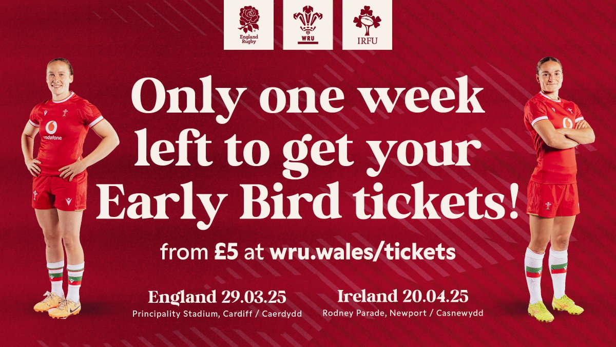 🚨 𝐋𝐀𝐒𝐓 𝐂𝐇𝐀𝐍𝐂𝐄 𝐅𝐎𝐑 𝐄𝐀𝐑𝐋𝐘 𝐁𝐈𝐑𝐃 𝐓𝐈𝐂𝐊𝐄𝐓𝐒 🚨

Just 7 days left to grab your Early Bird Tickets to see <a href="/WelshRugbyUnion/">Welsh Rugby Union 🏴󠁧󠁢󠁷󠁬󠁳󠁿</a> take on England and Ireland in the #GuinnessW6N 🏉

Get yours today ➡️ tinyurl.com/4tjpu3pu