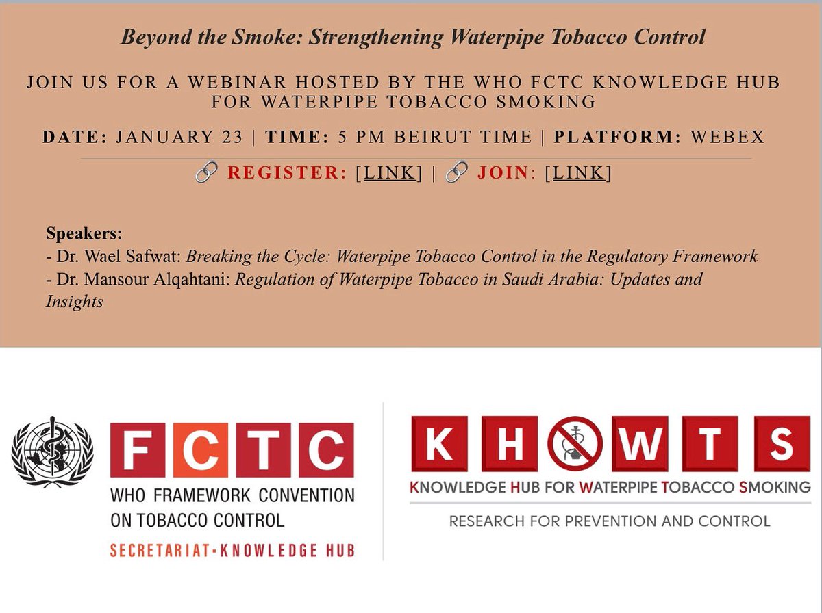You’re Invited to a Webinar:
Beyond the Smoke: Strengthening Waterpipe Tobacco Control

Registration Link: aub.webex.com/weblink/regist…

Joining link: aub.webex.com/aub/j.php?MTID…