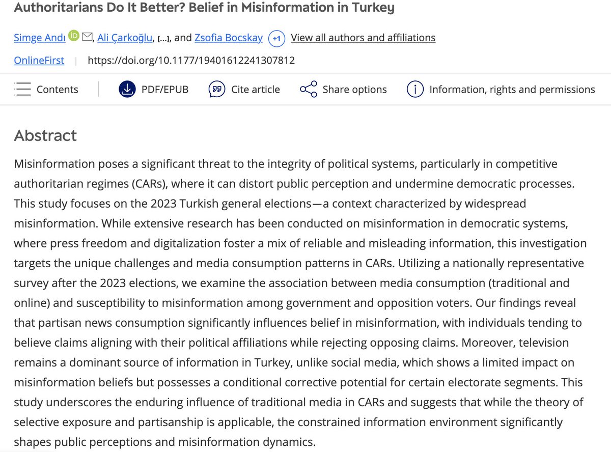Simge Andi (@simgandi) on Twitter photo Starting 2025 with a new publication co-authored with Ali Çarkoğlu, <a href="/lbaruh/">LemiBaruh ➡️ @lemibaruh@mastodon.social</a> <a href="/zsofiabocskay/">Zsofia Bocskay</a> 💥
"Authoritarians Do It Better? Belief in Misinformation in Turkey" now available online and open access at the International Journal of Press/Politics 🇹🇷🔔 journals.sagepub.com/doi/10.1177/19… Starting 2025 with a new publication co-authored with Ali Çarkoğlu, <a href="/lbaruh/">LemiBaruh ➡️ @lemibaruh@mastodon.social</a> <a href="/zsofiabocskay/">Zsofia Bocskay</a> 💥
"Authoritarians Do It Better? Belief in Misinformation in Turkey" now available online and open access at the International Journal of Press/Politics 🇹🇷🔔 journals.sagepub.com/doi/10.1177/19…