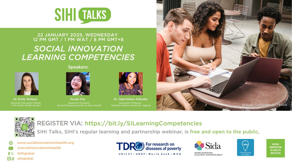 Join us for the first SIHI Talks of 2025 on 22 January, in collaboration with the SIHI Fellows Program! We’ll discuss key findings and lessons from the Social Innovation Learning Competencies Project.

🕒 12:00 PM GMT / 1:00 PM WAT / 8:00 PM GMT+8
🔗 bit.ly/SILearningComp…