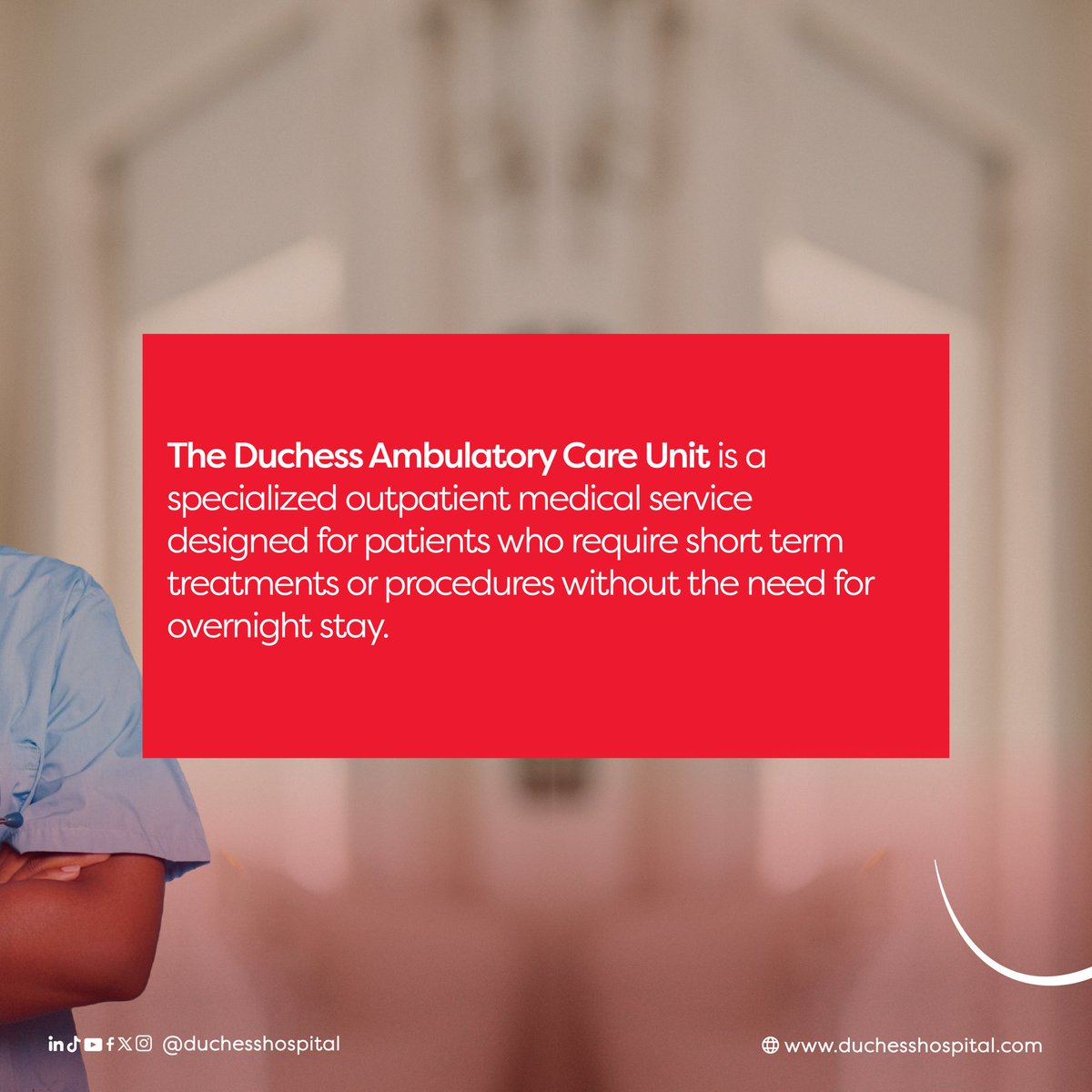 DuchessHospital's tweet photo. Experience expert care at the Duchess Ambulatory Care Unit.Â
From the IV infusions to minor procedures, we provide comfort, privacy, and convenience all on your schedule.
Care Beyond Compare
#AmbulatoryCare
#DuchessAmbulatoryCareUnit
#DuchessHospital https://t.co/ZSIZ8bAlyv