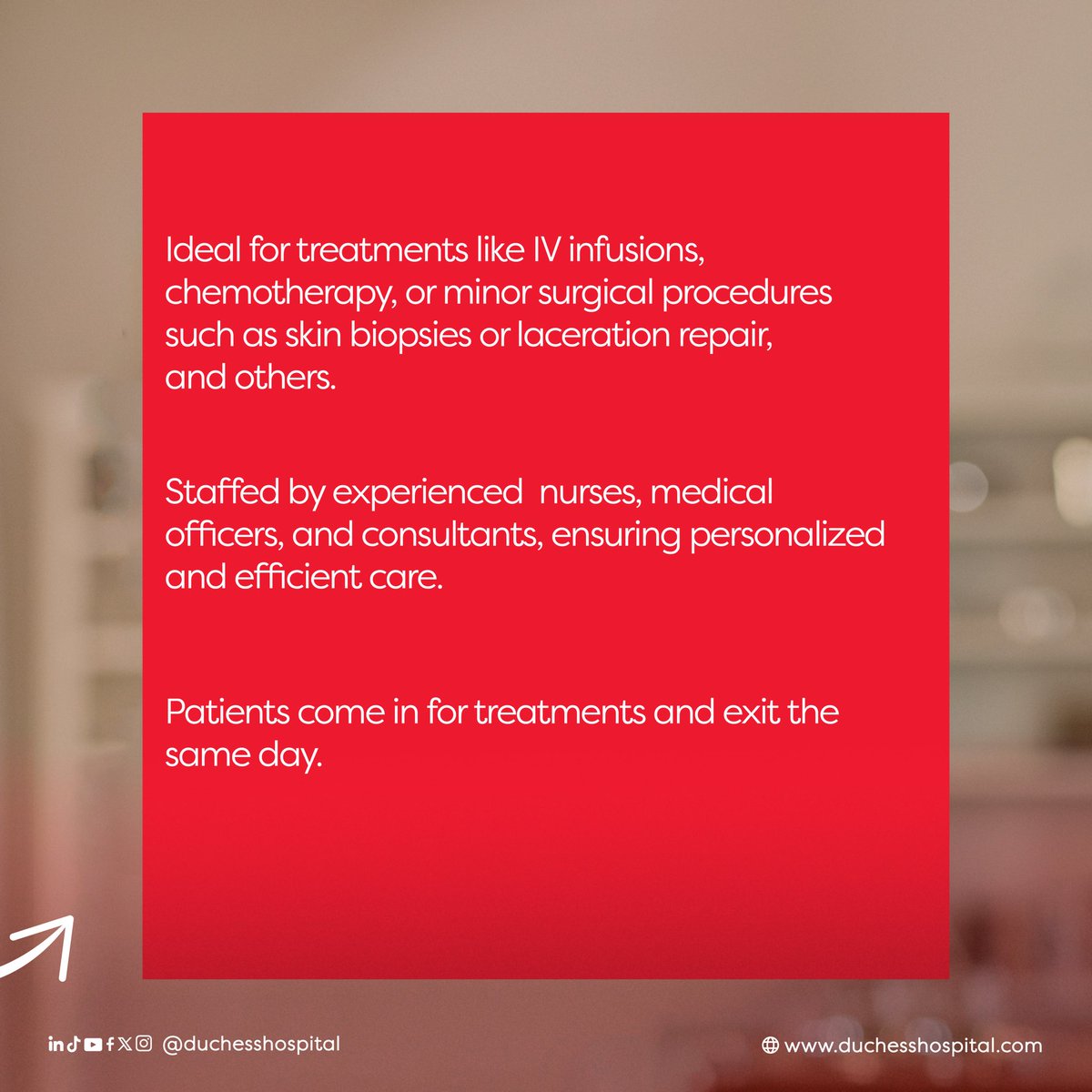 DuchessHospital's tweet photo. Experience expert care at the Duchess Ambulatory Care Unit.Â
From the IV infusions to minor procedures, we provide comfort, privacy, and convenience all on your schedule.
Care Beyond Compare
#AmbulatoryCare
#DuchessAmbulatoryCareUnit
#DuchessHospital https://t.co/ZSIZ8bAlyv