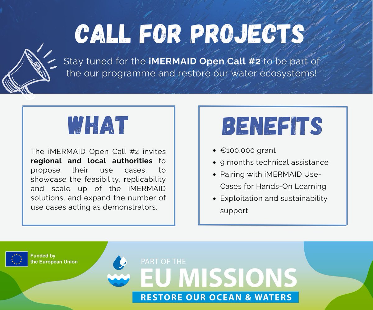 imermaid_eu's tweet photo. 🟢 Stay tuned: @imermaid_eu  #OpenCall 2 is coming soon! €400,000 available to support public authorities in restoring upstream water ecosystems.

Topics👇
- Chemical Pollution Detection
- Pollution Prevention &amp; Remediation

All the info at➡️ https://t.co/C5z69Qplnv https://t.co/cIGqYA7apy