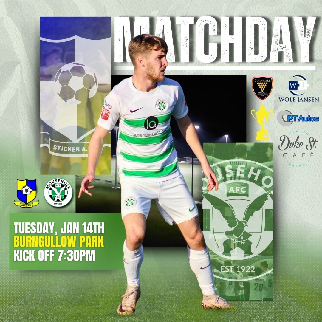 MouseholeAFC's tweet photo. 🏆 | IT'S MATCHDAY

Tonight we return to @StickerAFC for the first time in a few years, this time as favourites. 

But it's THE CUP - and as we all know, anything can happen ⚠️ Don't miss this one!

@Cornishfootball @swsportsnews @SouthernLeague1
#flyingalltogether #wayoutwest #seagulls #mafc