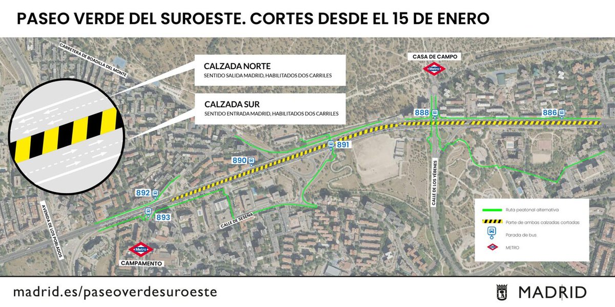 JMDLatina's tweet photo. 📢 Recuerda que desde mañana, miércoles, 15 de enero, se reduce la capacidad de la A-5 por las obras del #PaseoVerde del Suroeste

🚍 Se refuerzan buses de @EMTmadrid y líneas 5 y 10 de Metro y C-5 de Cercanías 🚇

Disculpen las molestias 👇
https://t.co/mlDZAXU7fB https://t.co/CKZx7xoHut