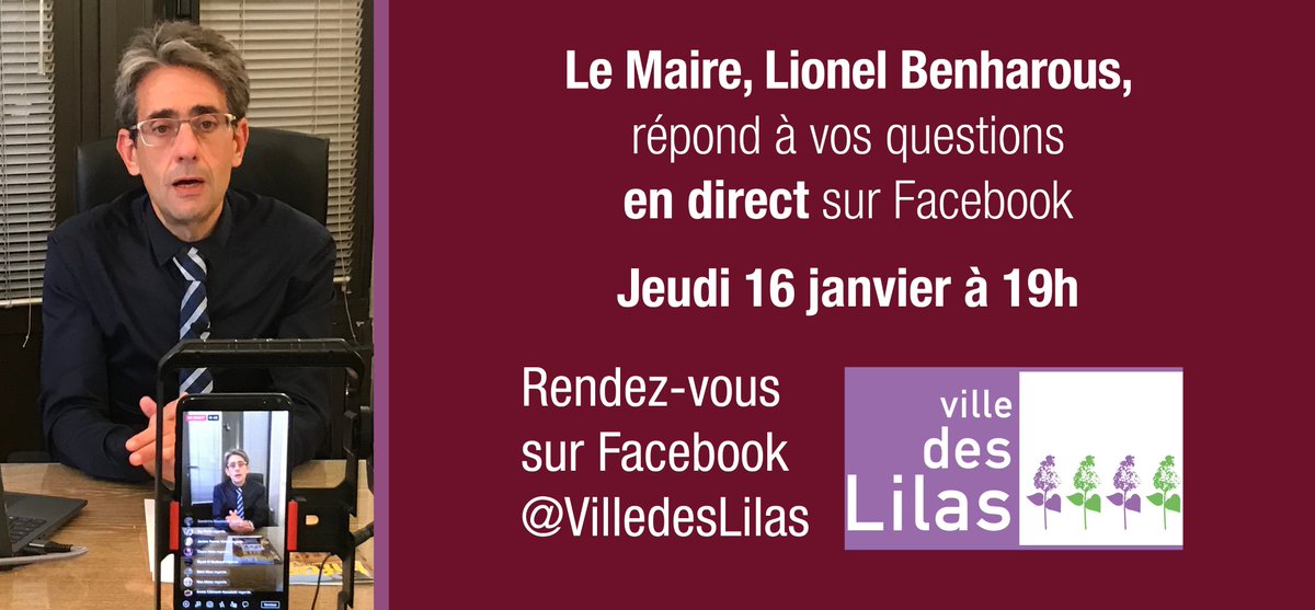 Ville des Lilas (@villedeslilas) on Twitter photo Jeudi 16 janv., à 19h, <a href="/LionelBenharous/">Lionel Benharous</a>, Maire des Lilas, répondra à vos questions en direct sur les pages Facebook & Instagram de la Ville.
👉 Vous pouvez poser vos questions en amont à l’adresse servicecommunication@leslilas.fr ou interroger directement le Maire durant le live. Jeudi 16 janv., à 19h, <a href="/LionelBenharous/">Lionel Benharous</a>, Maire des Lilas, répondra à vos questions en direct sur les pages Facebook & Instagram de la Ville.
👉 Vous pouvez poser vos questions en amont à l’adresse servicecommunication@leslilas.fr ou interroger directement le Maire durant le live.