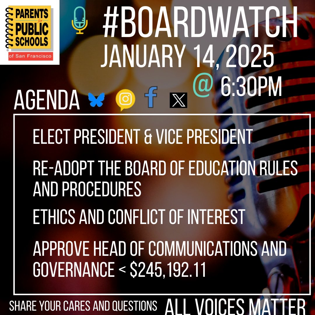 ppssf's tweet photo. #Boardwatch SFUSD Board meeting: Jan 14th, 6:30 PM. Elections, rules, ethics, budget... What should we be watching for?
#CommunityVoice #PublicSchools #SFUSDBoard https://t.co/oYNoVXz11o