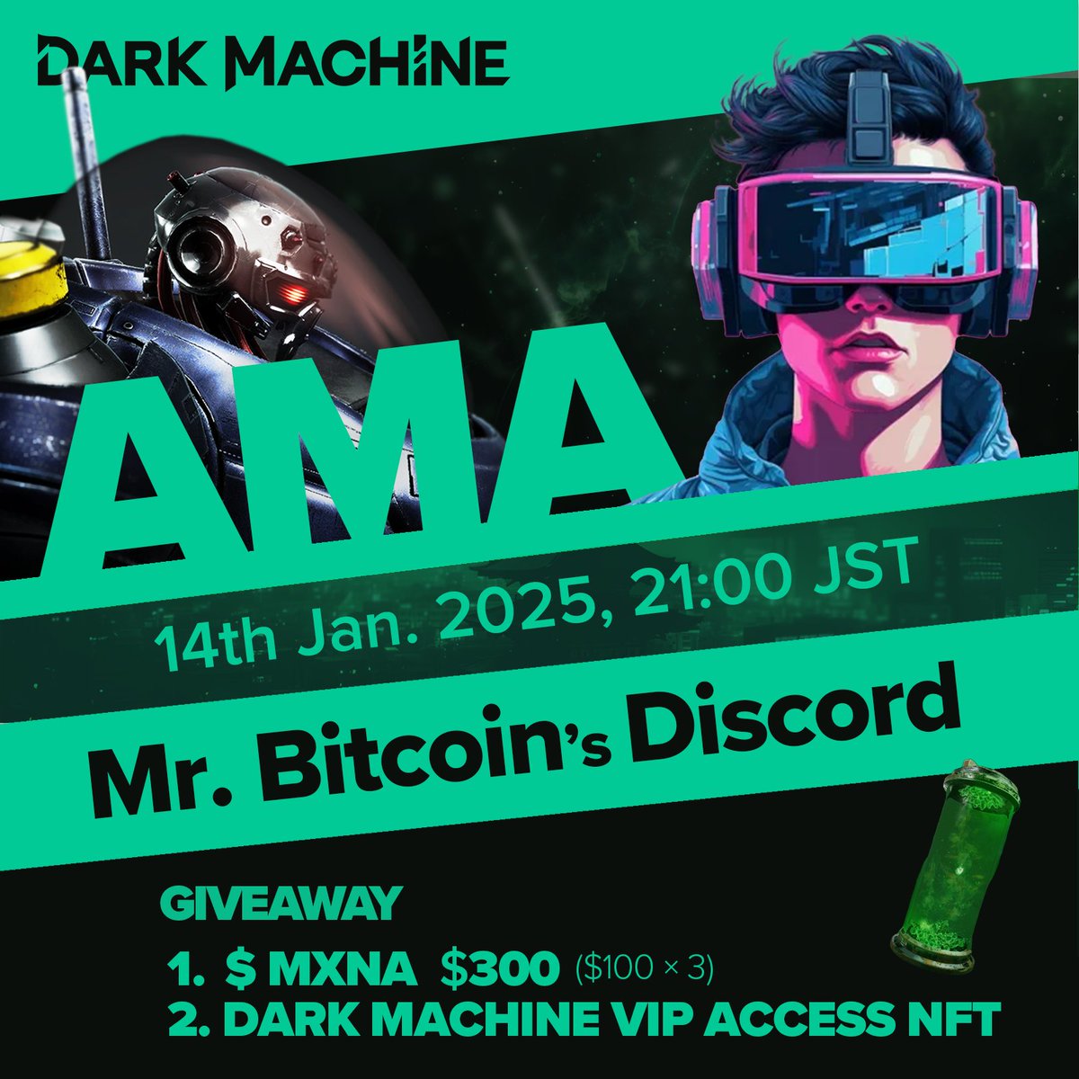 DarkMachineWeb3's tweet photo. ⚡️ AMA TONIGHT! ⚡️

Looking forward to the AMA w/@coinspace_!

🚨 We've got MEGA giveaways!
🎁VIP PASS NFT (0.35 ETH Value) x 1
🎁$100 $MXNA x 3

🏛️https://t.co/0Eiaammm6l
🗓️ January 14 at 9PM JP. https://t.co/g62khtCdnV