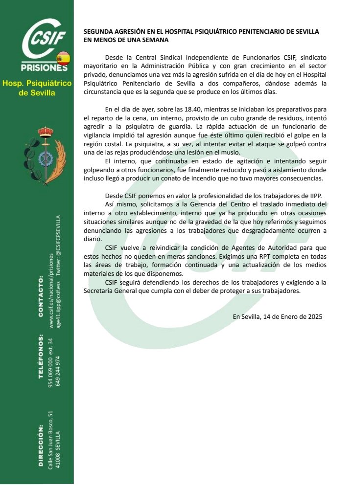 TeresaLy's tweet photo. @CSIFPRISIONES @CSIFIIPPANDALUC @CSIF_psiqSev @CSIF_SEVILLA_1 @SevillaCSIF 
CSIF CONDENA TRES AGRESIONES EN MENOS DE UNA SEMANA EN LAS CÁRCELES SEVILLANAS.
#CSIFTODOXPRISIONES https://t.co/zgVomreX4v