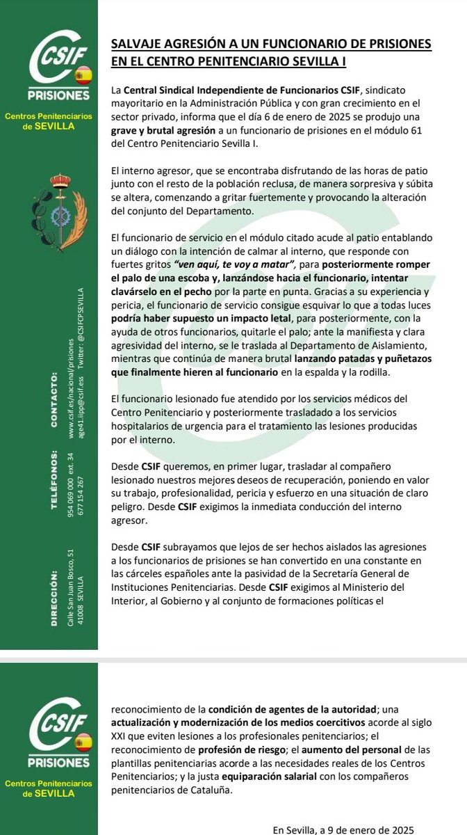 TeresaLy's tweet photo. @CSIFPRISIONES @CSIFIIPPANDALUC @CSIF_psiqSev @CSIF_SEVILLA_1 @SevillaCSIF 
CSIF CONDENA TRES AGRESIONES EN MENOS DE UNA SEMANA EN LAS CÁRCELES SEVILLANAS.
#CSIFTODOXPRISIONES https://t.co/zgVomreX4v