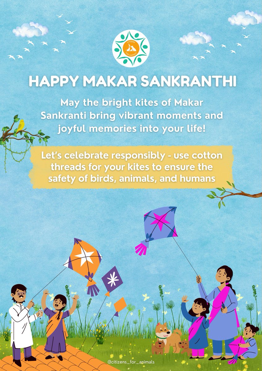 Let’s celebrate Makar Sankranti with joy and responsibility!🪁
Switch to cotton threads for your kites to protect birds, animals, and humans. A small change from us can save countless lives. 
Make this festival safe and memorable for everyone! 🤍🐕
#Sankranthi #Sankranthi2025