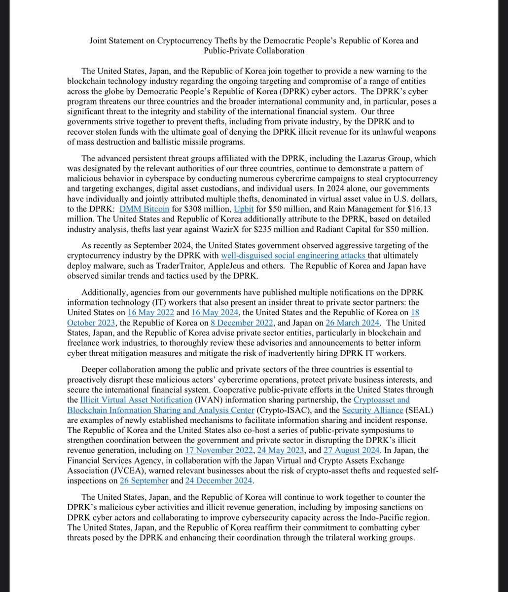 Joint statement from the United States, Japan, and South Korea addressing the alarming cyberattacks by DPRK cyber actors, including the WazirX hack.

This is a critical moment. We urge swift international action and support to recover the stolen assets. 

Rest assured, we will